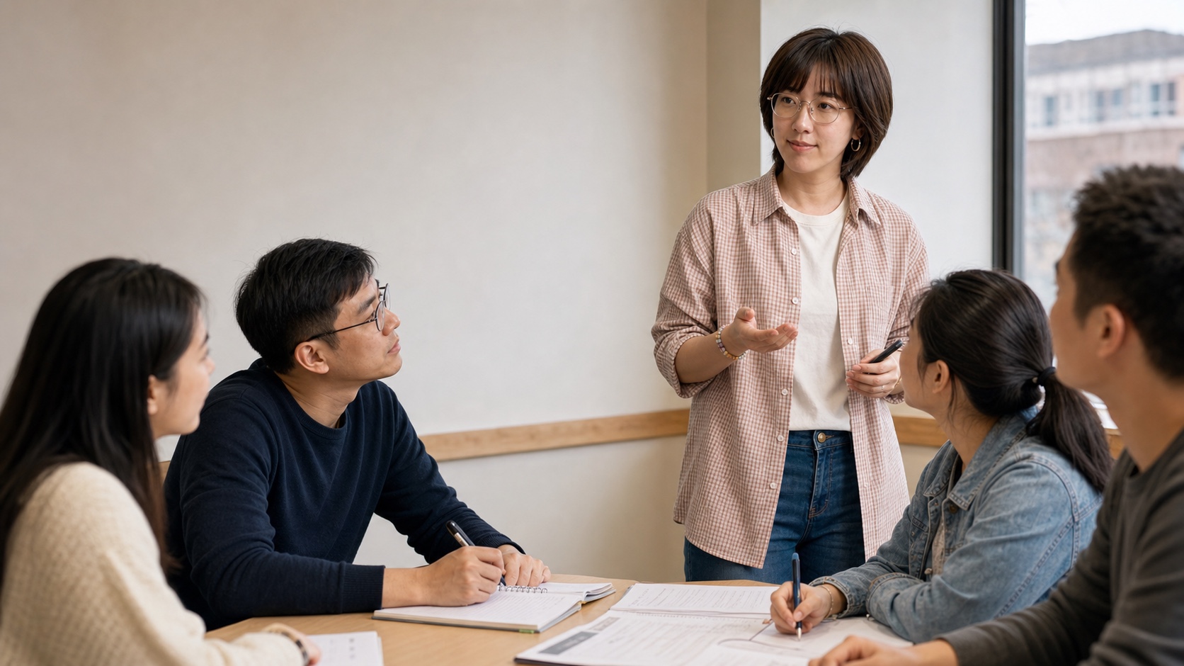 Amy老师在正规教学空间为多位亚裔成年学员进行思培保分课程讲解